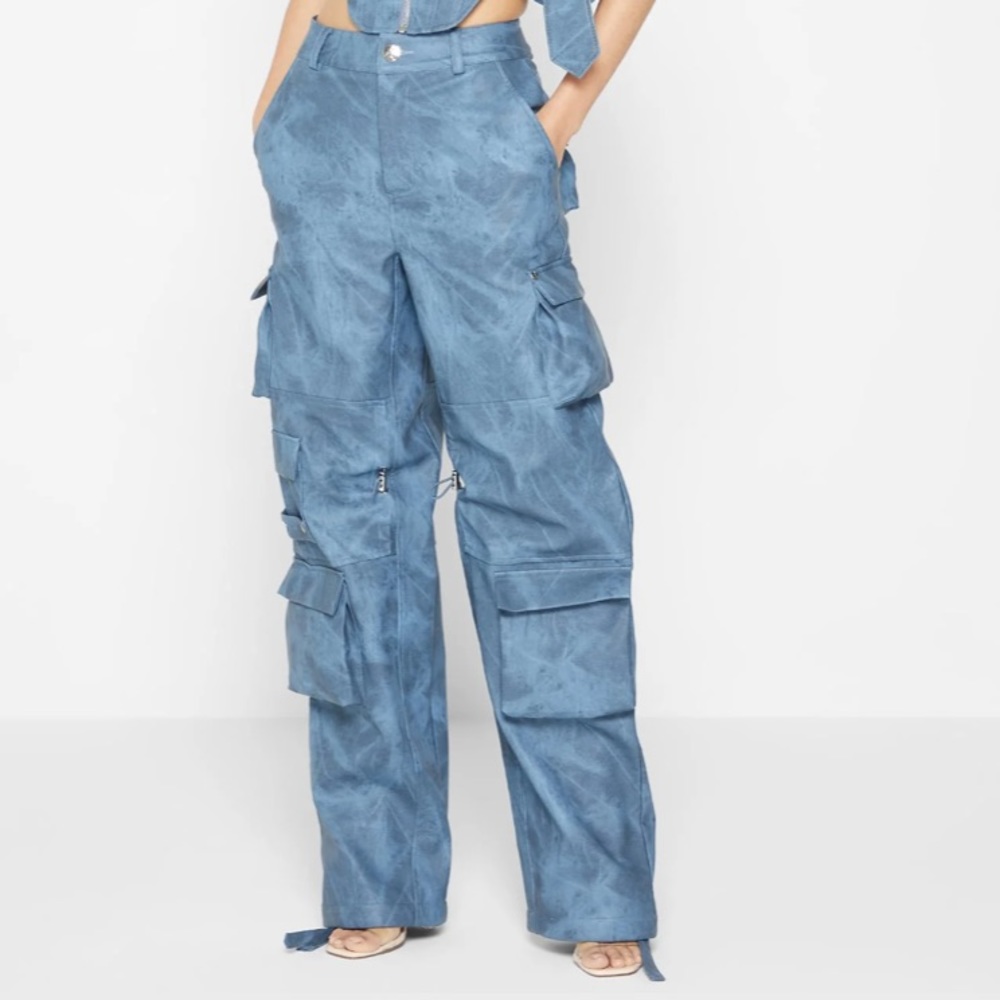 Washed Blue Vintage Marble Leather Cargo Pants